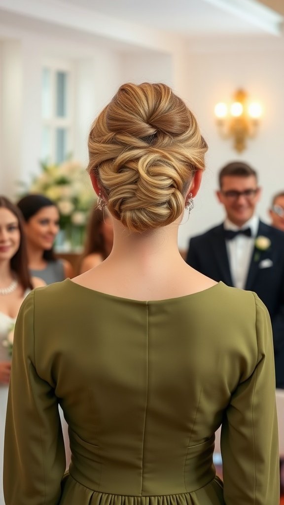 35 Stunning Olive Green Dress Outfits for Weddings A woman with an elegant updo hairstyle wearing an olive green dress at a wedding ceremony.