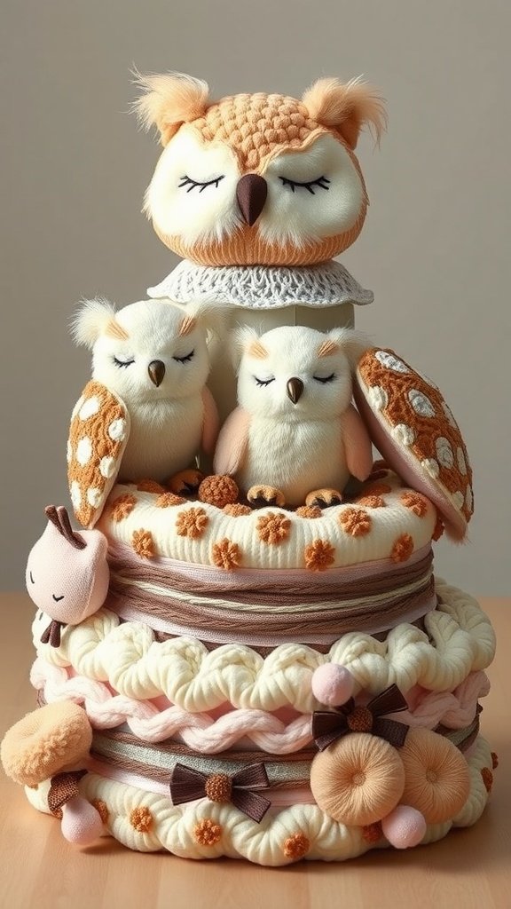 35 Adorable Diaper Cake Ideas for Baby Boys A diaper cake featuring an owl theme, with plush owls resting on top of layered diapers.