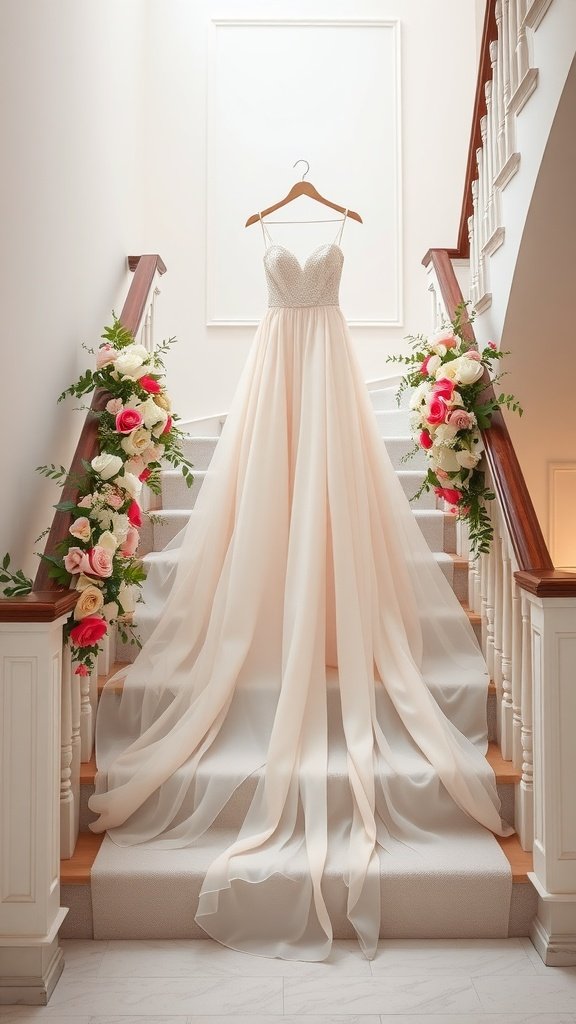 35 Breathtaking Romantic Wedding Dresses for Your Dream Day A romantic wedding dress in soft pastel hues hanging on a staircase, adorned with flowers.