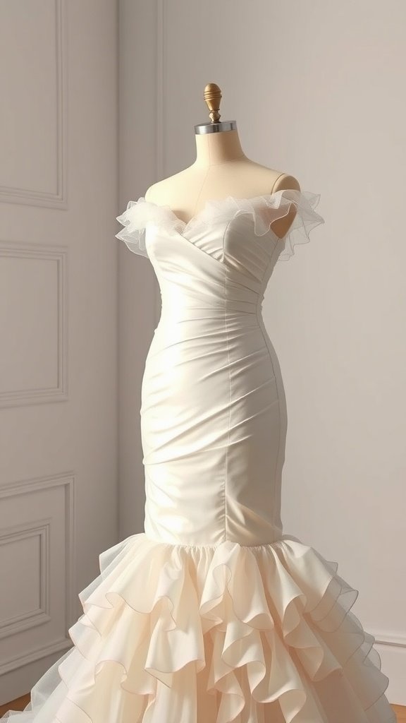 35 Breathtaking Romantic Wedding Dresses for Your Dream Day A romantic wedding dress featuring soft ruffled layers and an off-shoulder design.