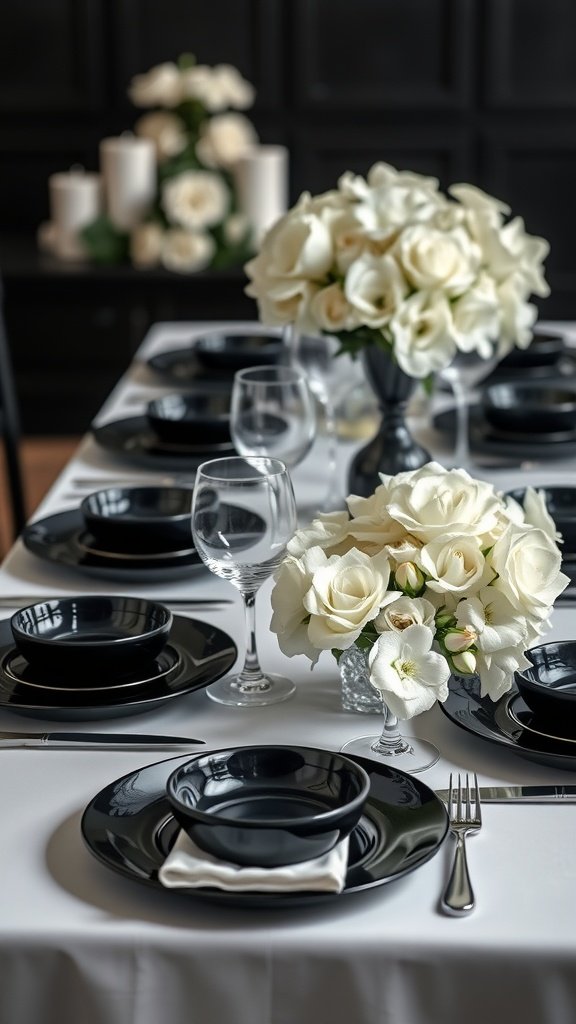 35 Stunning Romantic Wedding Table Settings for Your Special Day Elegant black and white wedding table setting with white floral arrangements