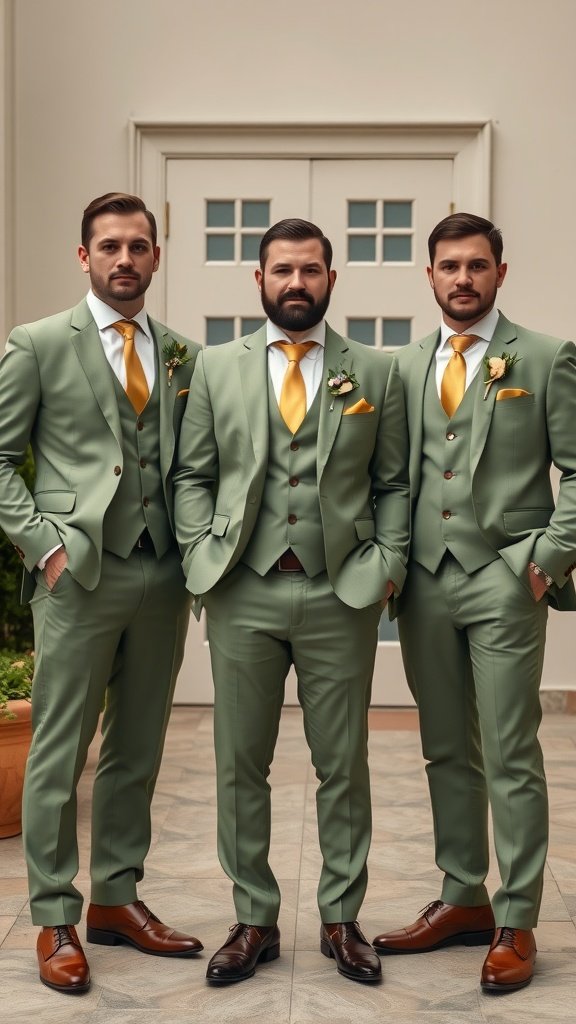 35 Stunning Ideas for a Sage Green and Gold Wedding Theme Three groomsmen in sage green suits with gold ties, standing together.