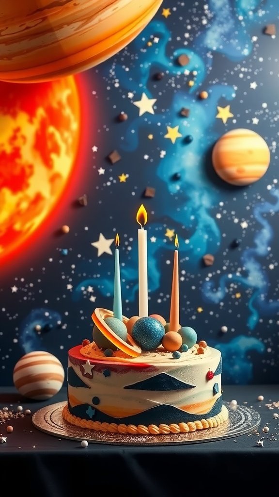 35 Creative 2nd Birthday Party Ideas for Girls A colorful space-themed birthday cake with planets, stars, and candles, set against a cosmic background.