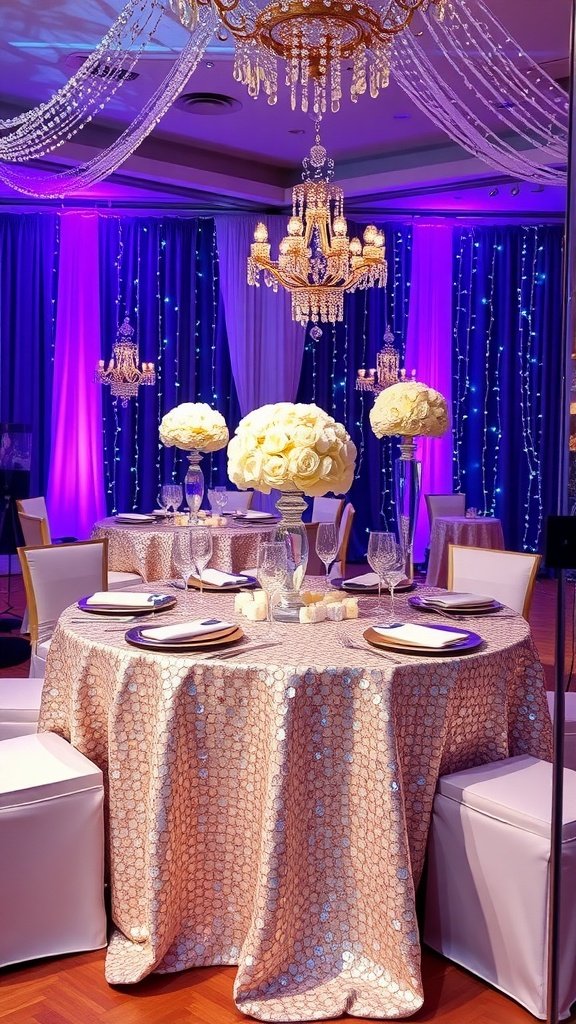 35 Stunning Romantic Wedding Decor Ideas to Inspire Your Big Day Elegant wedding table with sparkling sequin tablecloth, floral centerpieces, and chandelier lighting.