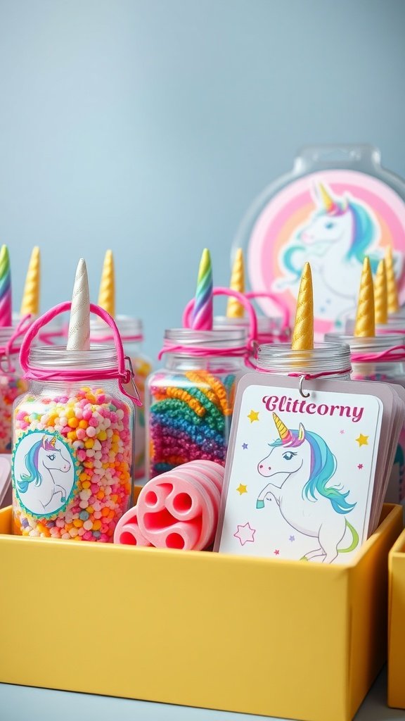 25 Magical Unicorn 2nd Birthday Party Ideas Colorful jars with unicorn-themed party favors for a birthday celebration.