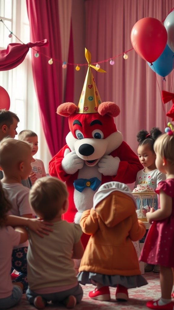 35 Creative Ideas for an Unforgettable 2nd Birthday Party A cheerful mascot entertaining children at a birthday party.