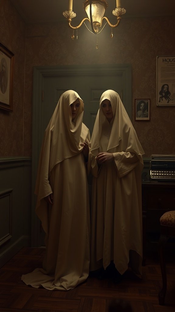 35 Best Couples Costumes for Your Next Halloween Party Two figures dressed in white ghost costumes in a dimly lit room.