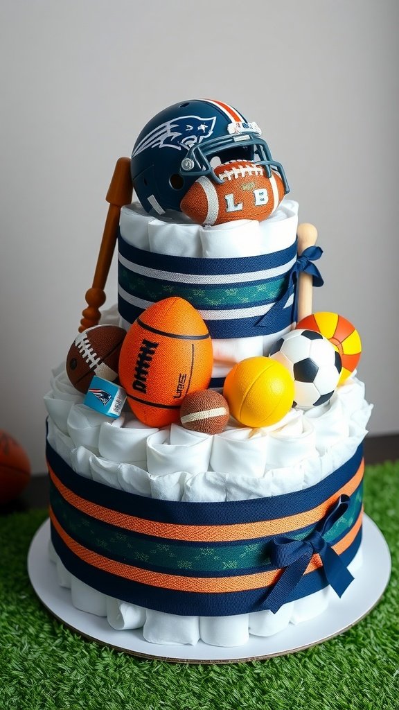 35 Adorable Diaper Cake Ideas for Baby Boys A diaper cake designed for a baby boy, featuring sports items like a football helmet and various sports balls, decorated with colorful ribbons.