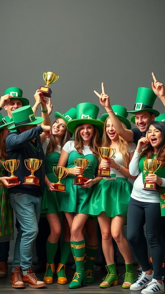25 Creative St. Patrick's Day Costume Ideas for Everyone Group of people in green costumes celebrating with trophies on St. Patrick's Day