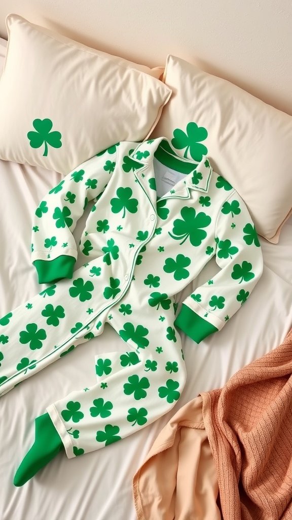 25 Creative St. Patrick's Day Costume Ideas for Everyone A cozy St. Patrick's Day pajama set with green shamrocks laid out on a bed with pillows featuring shamrock designs.