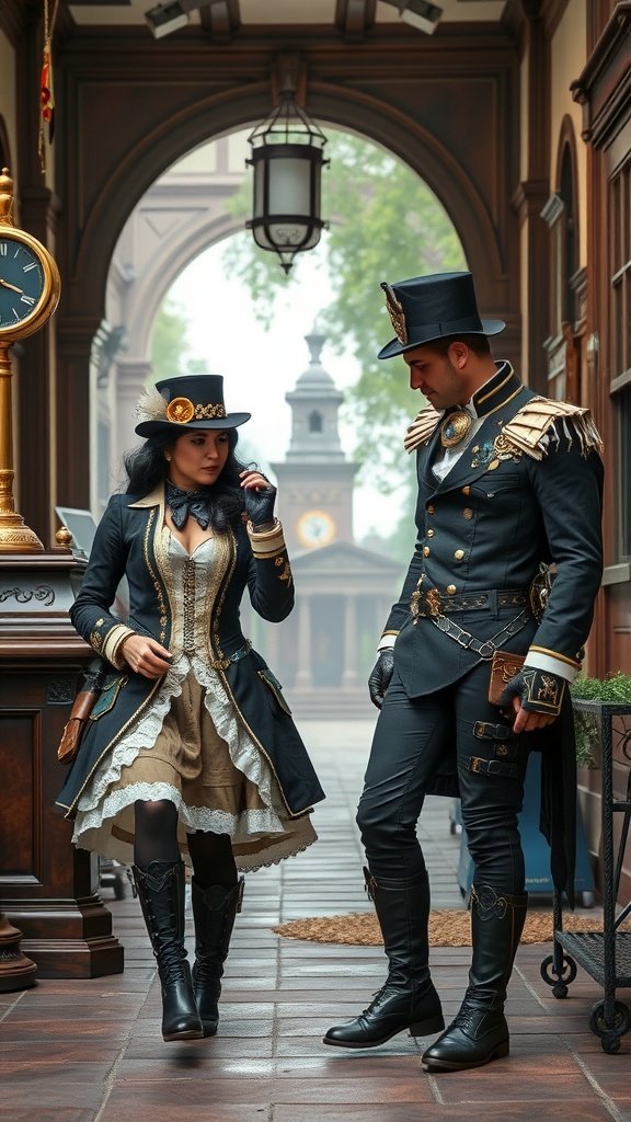 35 Best Couples Costumes for Your Next Halloween Party A couple in steampunk outfits, featuring a woman in a layered dress with gloves and a hat, and a man in a tailored coat and accessories, set in a vintage-style location.