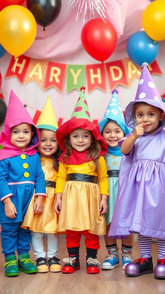35 Creative Ideas for an Unforgettable 2nd Birthday Party Five children in colorful storybook character costumes at a birthday party.