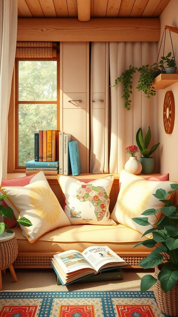 25 Fun Ideas for a 2nd Birthday Summer Party for Girls Cozy summer-themed reading corner with colorful cushions and books, perfect for a child's birthday party.