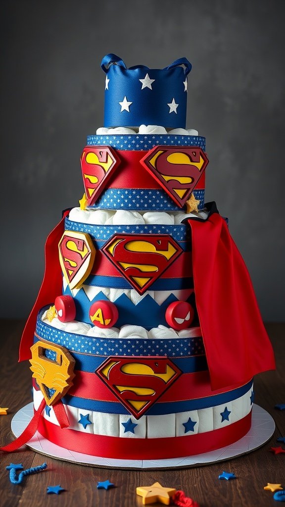 35 Adorable Diaper Cake Ideas for Baby Boys A tiered diaper cake themed around superheroes, featuring colorful ribbons and superhero logos.