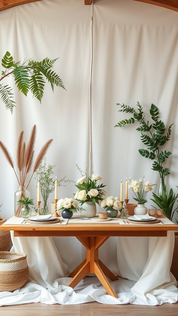 35 Creative Bridal Shower Ideas for an Unforgettable Celebration A beautifully styled bridal shower table featuring white flowers, candles, and greenery, set in a natural, eco-friendly arrangement.