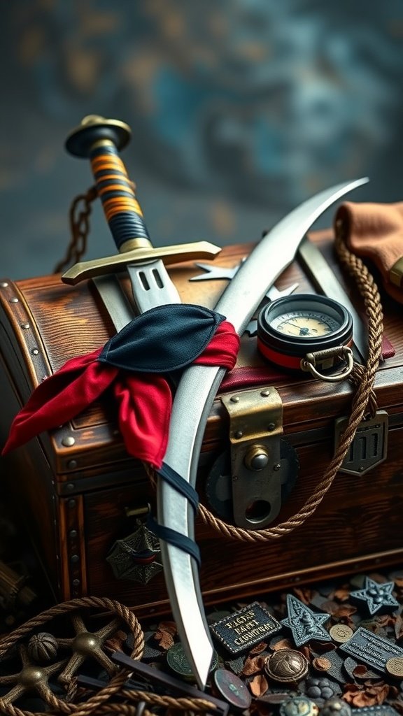 25 Must-Have Accessories for the Ultimate Pirate Costume A collection of pirate accessories, including a sword, compass, and bandana on a treasure chest.