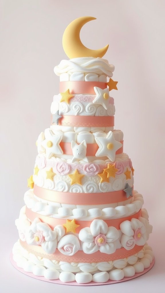 35 Adorable Diaper Cake Ideas for Baby Boys A three-tiered diaper cake decorated with pastel colors, stars, and a crescent moon on top.