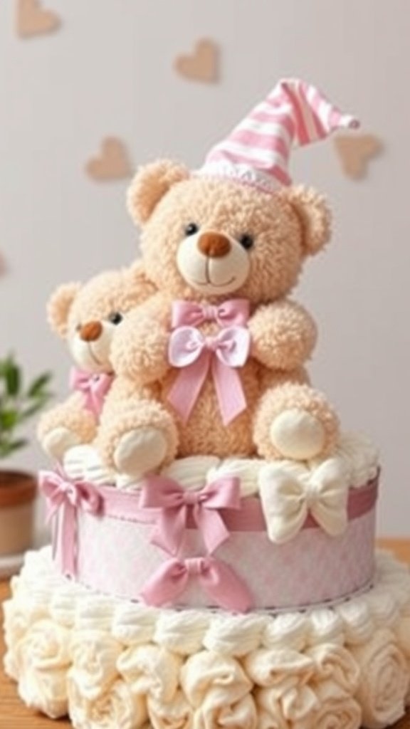35 Adorable Diaper Cake Ideas for Baby Boys A teddy bear diaper cake featuring two teddy bears on top, decorated with pink ribbons, perfect for a baby boy celebration.