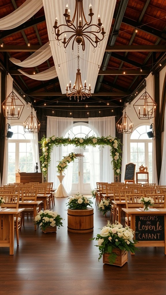 35 Stunning Romantic Wedding Decor Ideas to Inspire Your Big Day A beautifully decorated wedding ceremony space featuring floral arrangements, wooden chairs, and soft drapes.