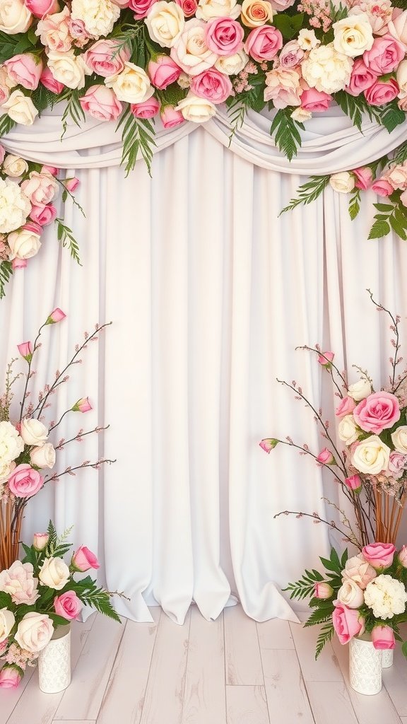 35 Creative Bridal Shower Decoration Ideas You'll Love A floral backdrop featuring pink and white roses with draped fabric.