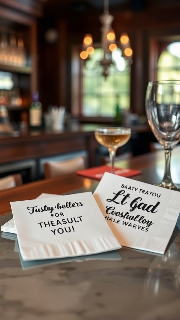 35 Creative Bridal Shower Decoration Ideas You'll Love Themed cocktail napkins with playful phrases on a bar counter, next to a cocktail glass.