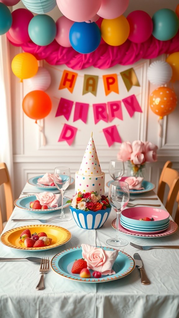 35 Creative Ideas for an Unforgettable 2nd Birthday Party A colorful birthday table setting with plates, a cake, and balloons for a 2nd birthday celebration.