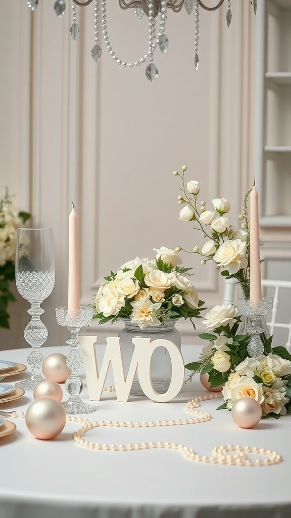 35 Stunning Romantic Wedding Table Settings for Your Special Day Elegant wedding table setting with pearl accents, candles, and flower arrangements.
