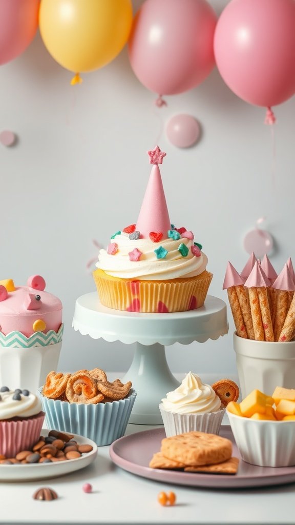 35 Creative Ideas for an Unforgettable 2nd Birthday Party A colorful spread of toddler-friendly treats for a birthday party, featuring cupcakes, cookies, and fruits.