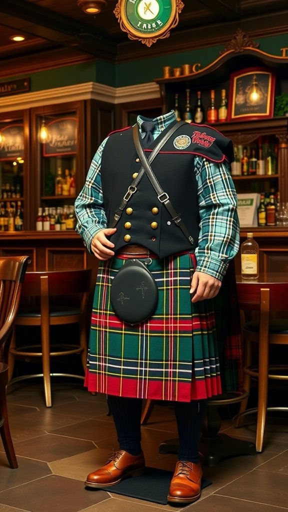 25 Creative St. Patrick's Day Costume Ideas for Everyone A traditional Irish kilt outfit displayed in a pub setting, featuring a plaid kilt, vest, and accessories.
