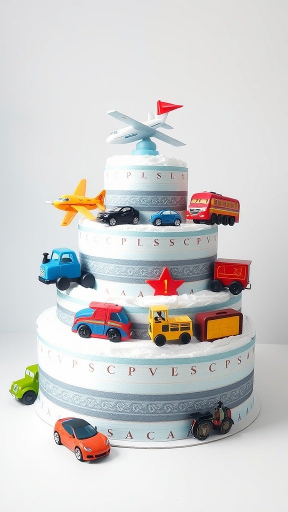 35 Adorable Diaper Cake Ideas for Baby Boys A multi-layered diaper cake decorated with toy cars and an airplane, showcasing a transportation theme.