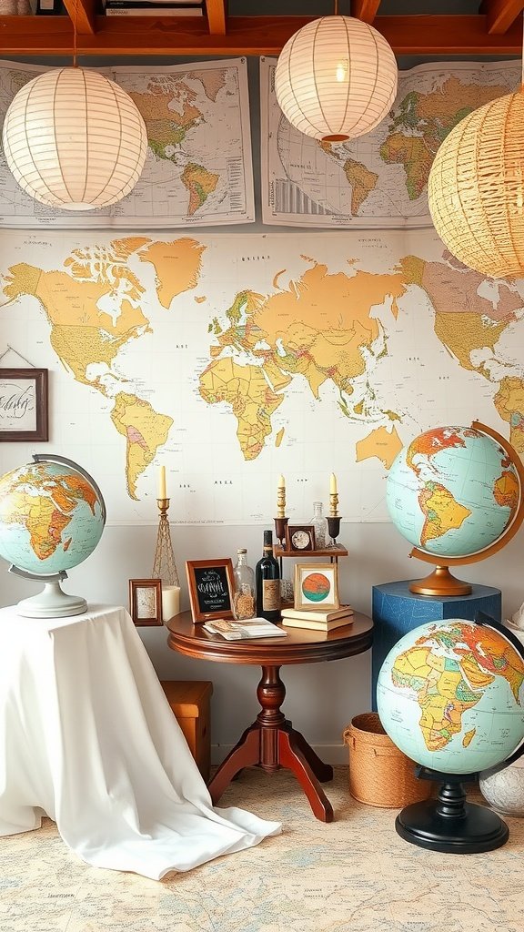 35 Creative Bridal Shower Ideas for an Unforgettable Celebration A cozy travel-themed bridal shower setup featuring world maps, globes, and warm lantern lighting.