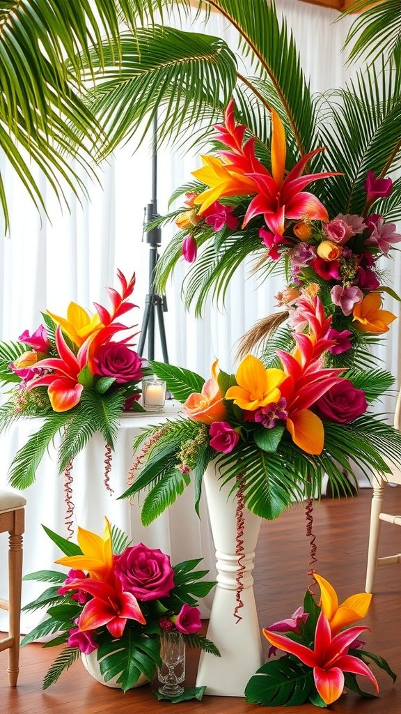 35 Stunning Romantic Wedding Table Settings for Your Special Day Tropical wedding table setting with vibrant flowers and palm leaves