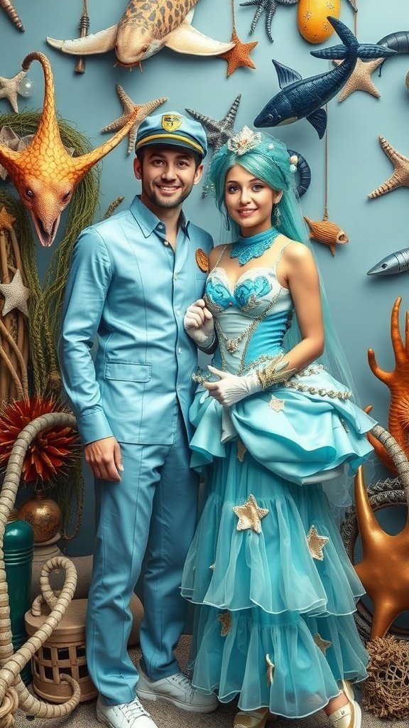 35 Best Couples Costumes for Your Next Halloween Party A couple dressed in under the sea themed costumes, with a light blue captain's outfit and an ocean-inspired gown, surrounded by sea creature decorations.