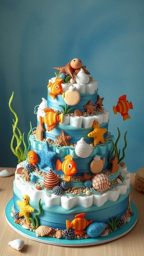 35 Adorable Diaper Cake Ideas for Baby Boys An Under the Sea themed diaper cake decorated with fish, seashells, and starfish.