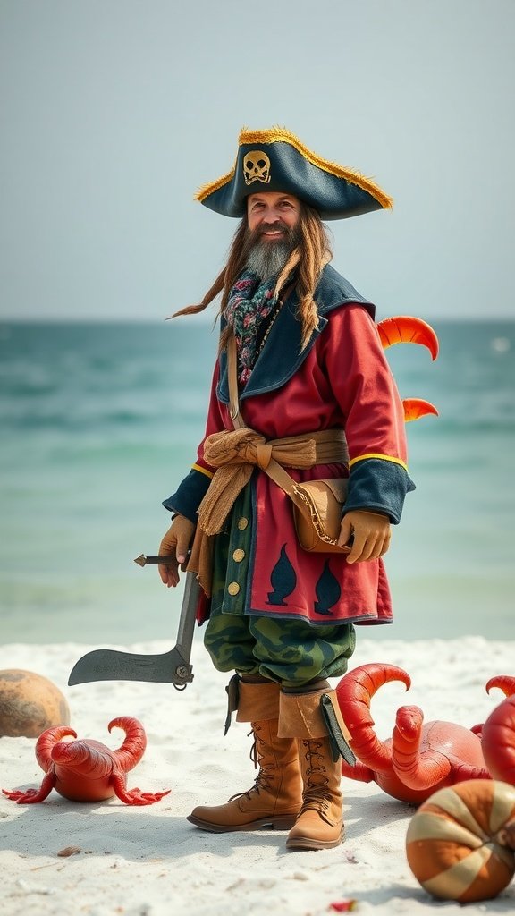 25 Must-Have Accessories for the Ultimate Pirate Costume A pirate in a colorful costume standing on a beach with sea creatures around