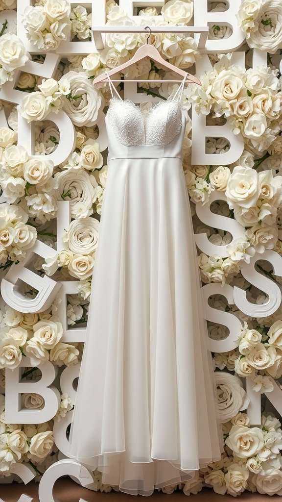35 Breathtaking Romantic Wedding Dresses for Your Dream Day A romantic wedding dress displayed with a backdrop of white roses and decorative letters.