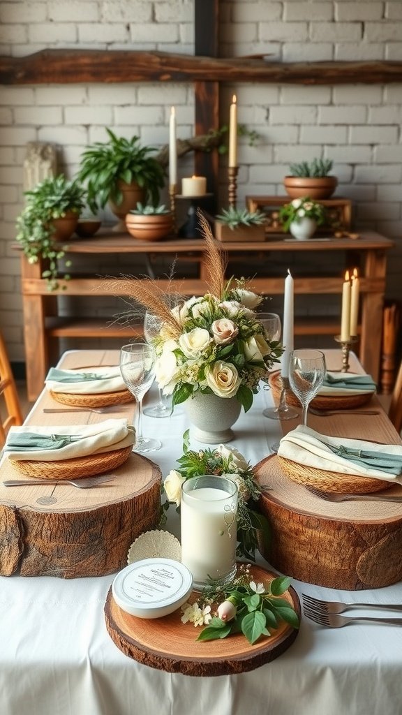 35 Stunning Romantic Wedding Table Settings for Your Special Day A rustic wedding table setting with wooden slices, floral centerpiece, and soft linens.