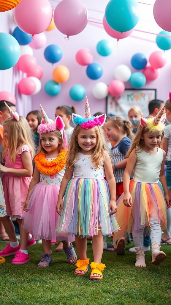 25 Magical Unicorn 2nd Birthday Party Ideas Children in colorful unicorn costumes at a birthday party with balloons