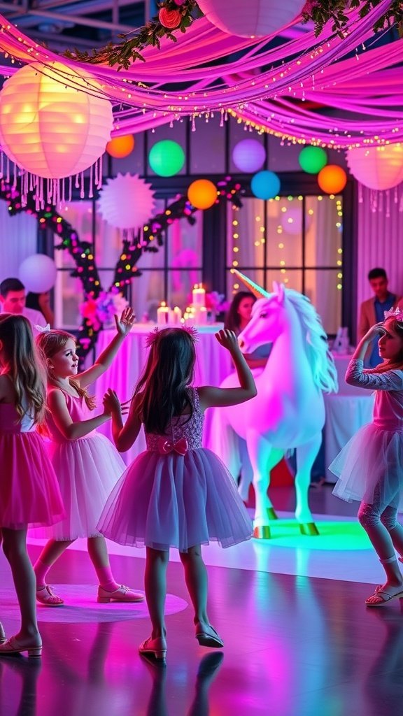 25 Magical Unicorn 2nd Birthday Party Ideas Children dancing at a unicorn-themed birthday party with colorful decorations and a unicorn statue.