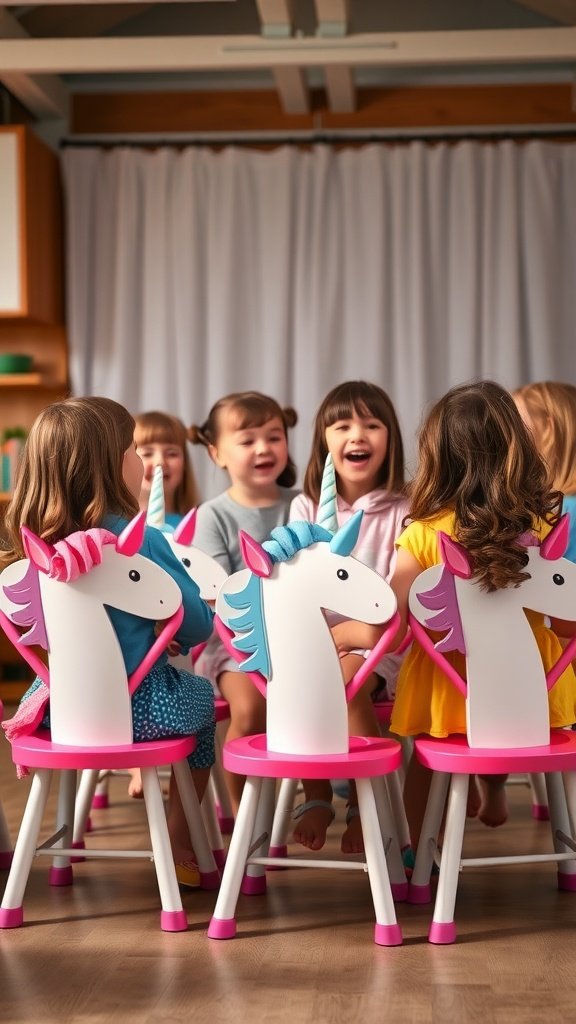 25 Magical Unicorn 2nd Birthday Party Ideas Children playing musical chairs with unicorn-themed chairs at a birthday party