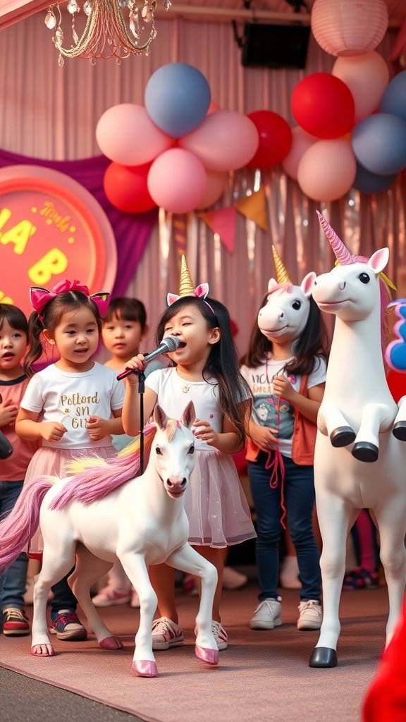 25 Magical Unicorn 2nd Birthday Party Ideas Children performing at a unicorn-themed birthday party with unicorn props and colorful decorations.