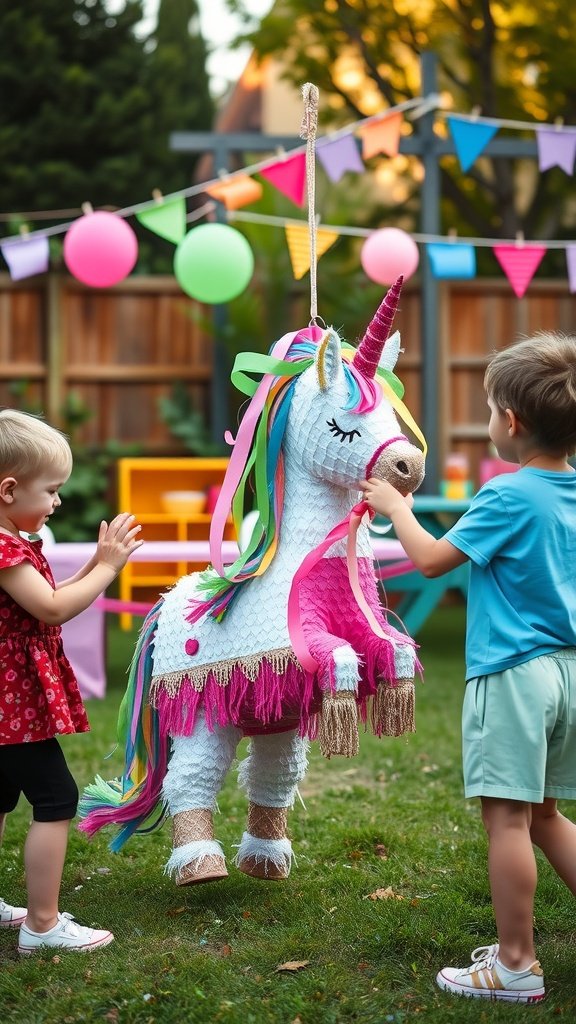 25 Magical Unicorn 2nd Birthday Party Ideas Kids playing with a unicorn piñata at a birthday party