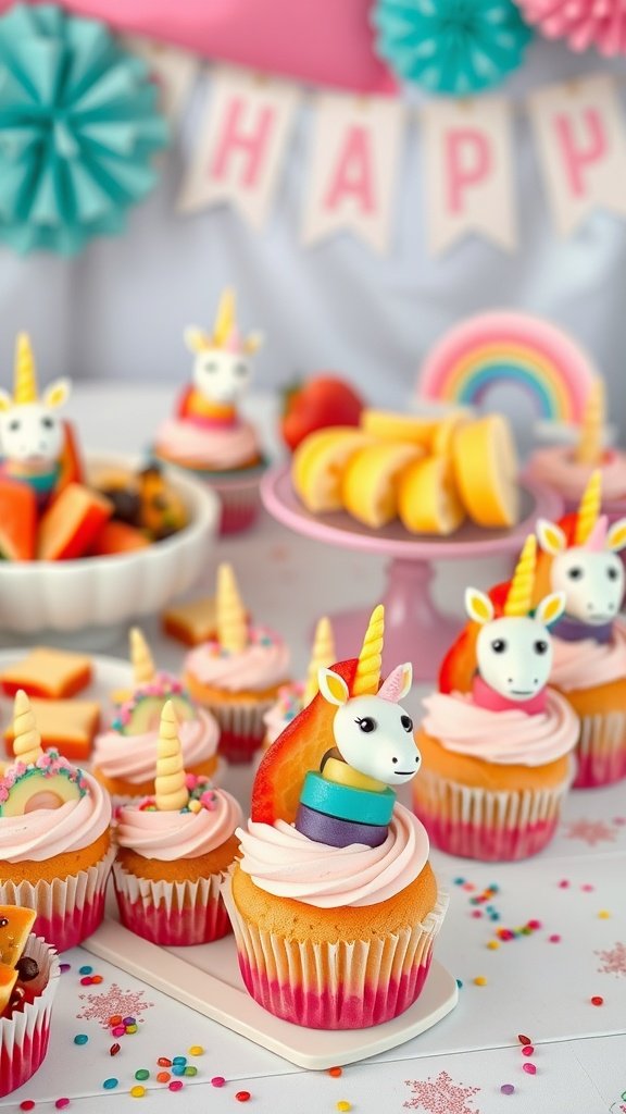 25 Magical Unicorn 2nd Birthday Party Ideas Colorful unicorn-themed cupcakes and snacks for a birthday party