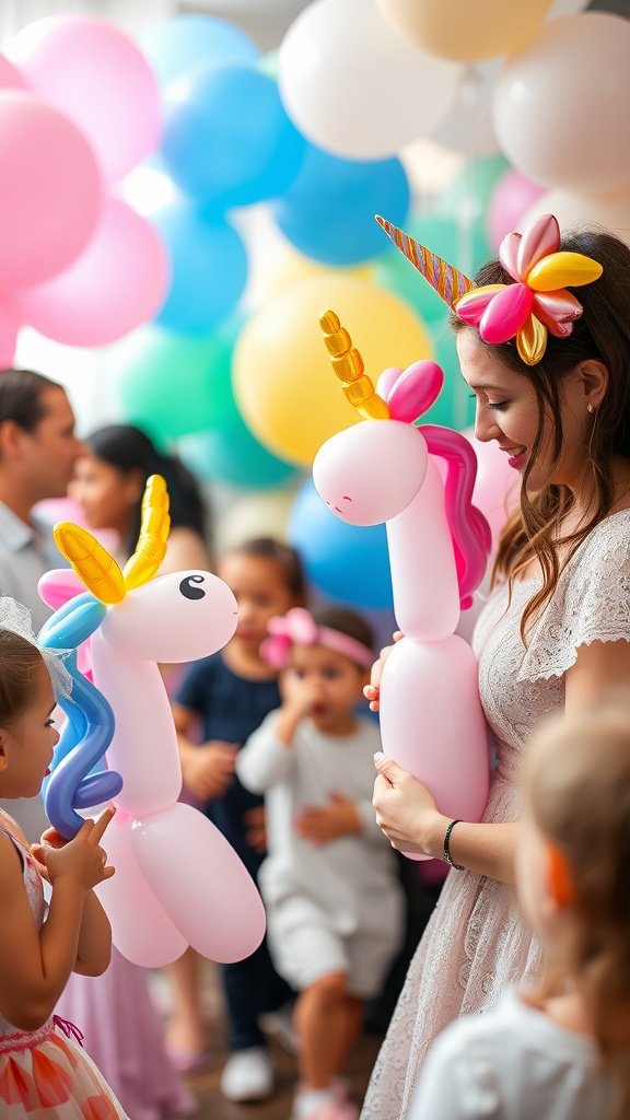 25 Magical Unicorn 2nd Birthday Party Ideas A pink and white balloon unicorn at a birthday party with colorful balloons in the background and children admiring it.