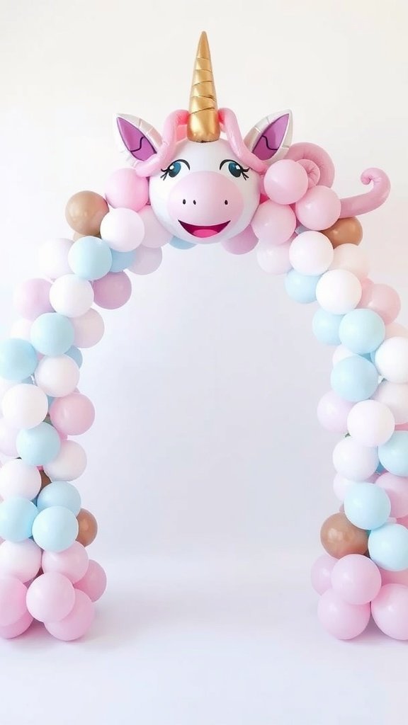 25 Magical Unicorn 2nd Birthday Party Ideas A colorful unicorn balloon arch with pastel balloons in pink, blue, and white, featuring a unicorn head at the top.