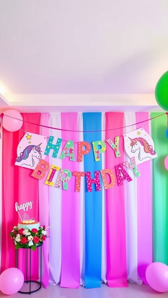 25 Magical Unicorn 2nd Birthday Party Ideas Colorful unicorn birthday banner with balloons and decorations