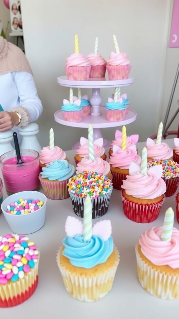 25 Magical Unicorn 2nd Birthday Party Ideas Cupcake decorating station with colorful unicorn-themed cupcakes and toppings