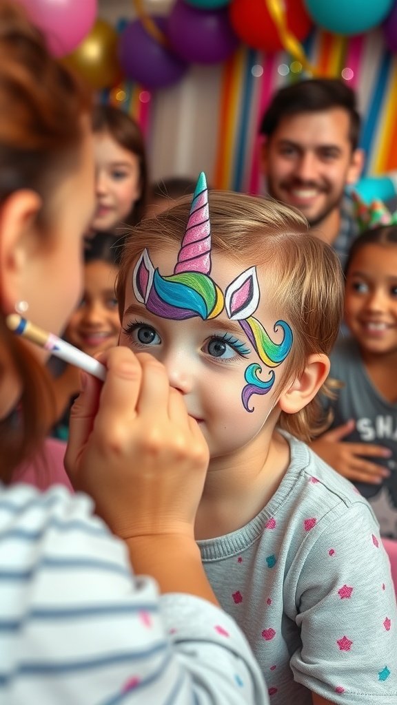 25 Magical Unicorn 2nd Birthday Party Ideas A child with unicorn face painting at a birthday party with balloons in the background.
