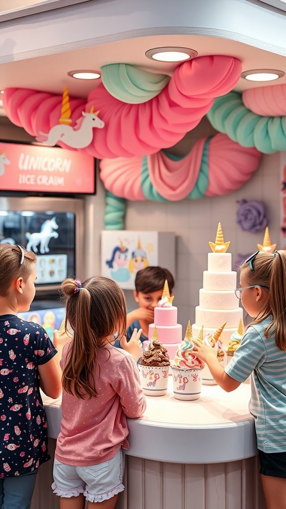 25 Magical Unicorn 2nd Birthday Party Ideas Kids enjoying a colorful Unicorn Ice Cream Bar at a birthday party