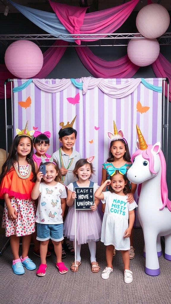 25 Magical Unicorn 2nd Birthday Party Ideas A group of children at a unicorn-themed photo booth, dressed in colorful accessories, posing happily.